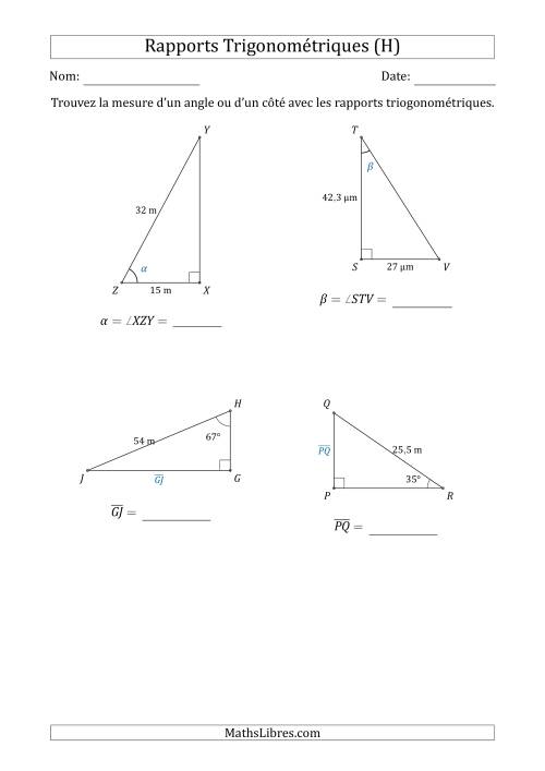 Calcul de la Mesure d'un Angle ou d'un Côté Avec les Rapports Trigonométriques (H)