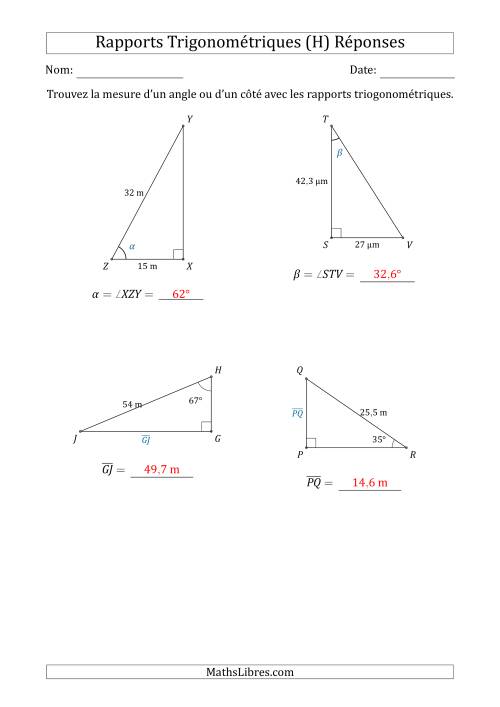 Calcul de la Mesure d'un Angle ou d'un Côté Avec les Rapports Trigonométriques (H) page 2