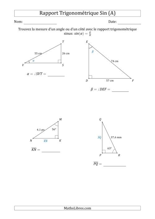 Calcul de la Mesure d'un Angle ou d'un Côté Avec le Rapport Trigonométrique Sinus (A)