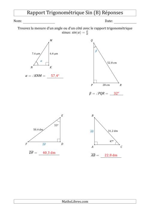 Calcul de la Mesure d'un Angle ou d'un Côté Avec le Rapport Trigonométrique Sinus (B) page 2