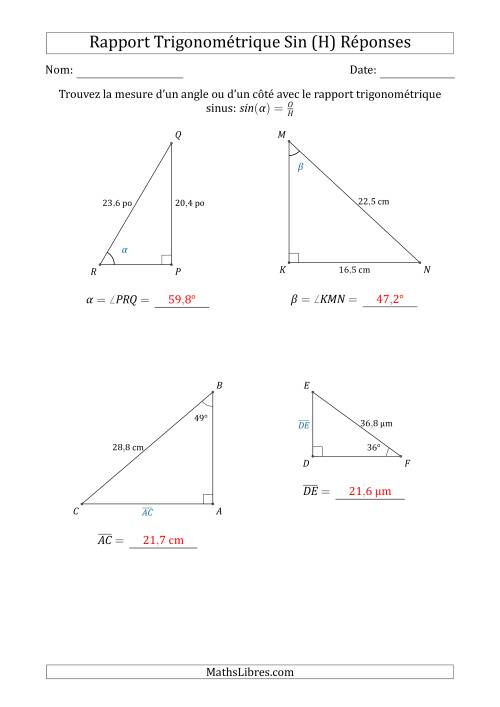Calcul de la Mesure d'un Angle ou d'un Côté Avec le Rapport Trigonométrique Sinus (H) page 2