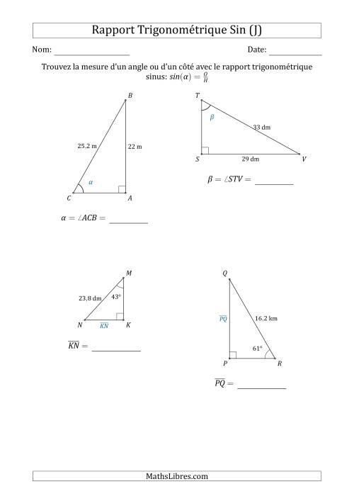 Calcul de la Mesure d'un Angle ou d'un Côté Avec le Rapport Trigonométrique Sinus (J)