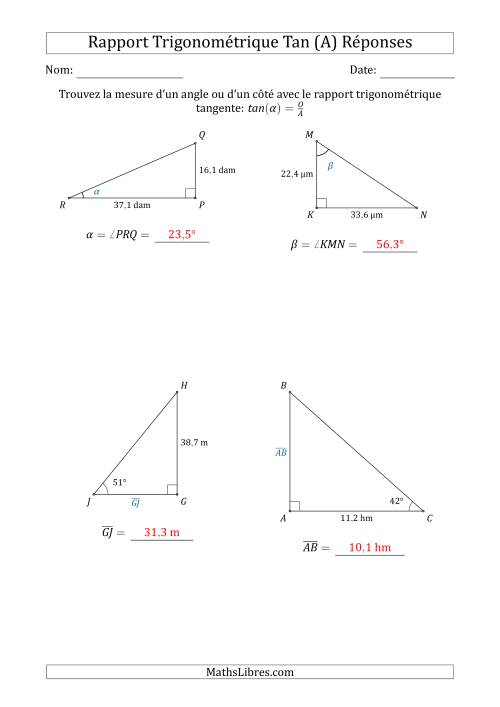 Calcul de la Mesure d'un Angle ou d'un Côté Avec le Rapport Trigonométrique Tangente (A) page 2