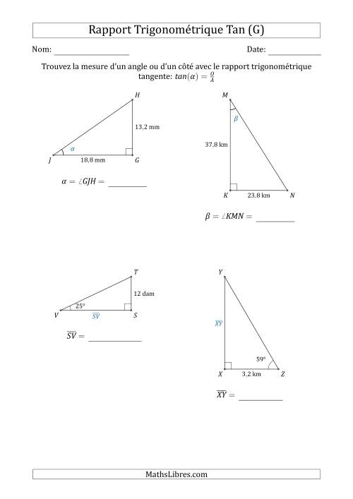 Calcul de la Mesure d'un Angle ou d'un Côté Avec le Rapport Trigonométrique Tangente (G)