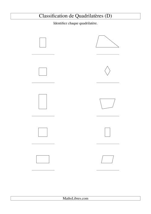 Classification de quadrilatères (carrés, rectangles, parallélogrammes, trapèzes, losanges et non-définis) (D)