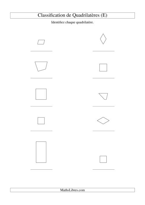 Classification de quadrilatères (carrés, rectangles, parallélogrammes, trapèzes, losanges et non-définis) (E)