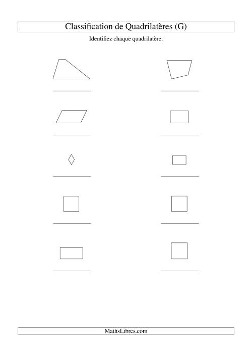 Classification de quadrilatères (carrés, rectangles, parallélogrammes, trapèzes, losanges et non-définis) (G)