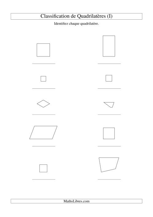 Classification de quadrilatères (carrés, rectangles, parallélogrammes, trapèzes, losanges et non-définis) (I)