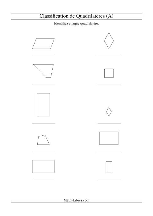 Classification de quadrilatères (carrés, rectangles, parallélogrammes, trapèzes, losanges et non-définis) (Tout)