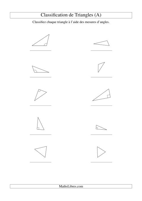 Classification de triangles à l'aide de leurs angles (A)