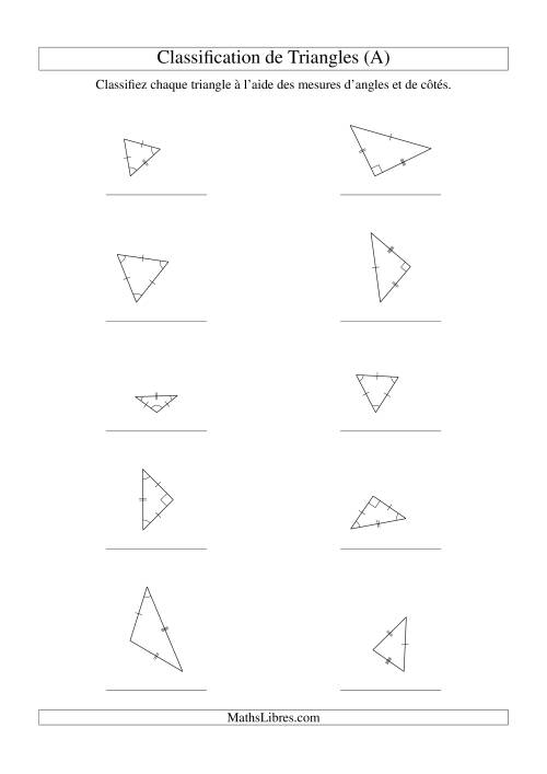 Classification de triangles à l'aide de leurs angles et mesures de côtés (A)