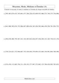 Moyenne, médiane, mode et étendue -- Ensembles non triés (Ensembles de 15 de 100 à 999)