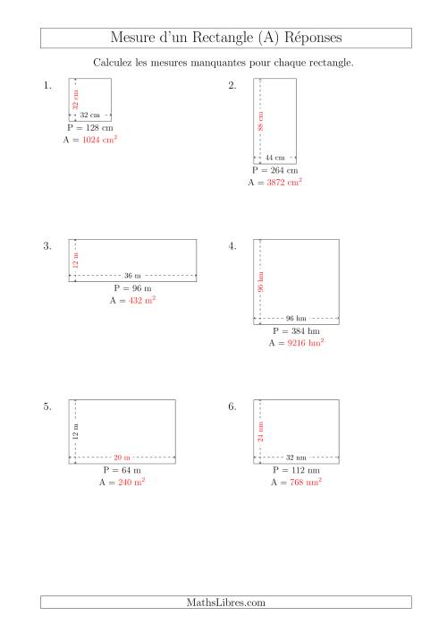 Calcul de l'Aire, Longueur ou Largeur des Rectangles (Avec de Larges Nombres Entiers) (A) page 2