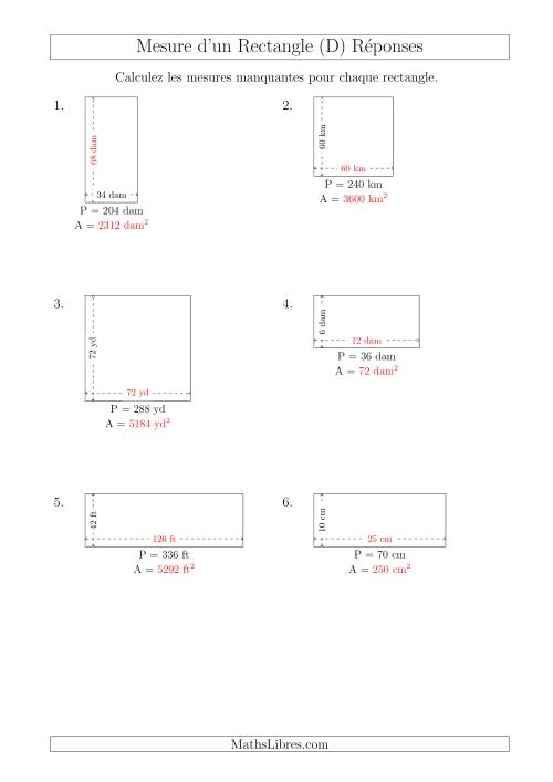 Calcul de l'Aire, Longueur ou Largeur des Rectangles (Avec de Larges Nombres Entiers) (D) page 2