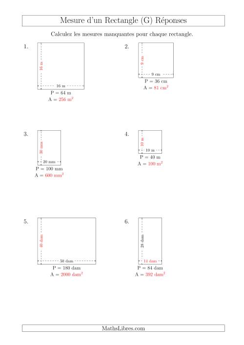 Calcul de l'Aire, Longueur ou Largeur des Rectangles (Avec de Larges Nombres Entiers) (G) page 2