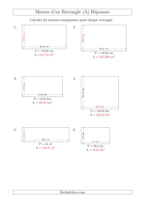 Calcul de l'Aire, Longueur ou Largeur des Rectangles (Avec des Nombres Décimaux) (A) page 2