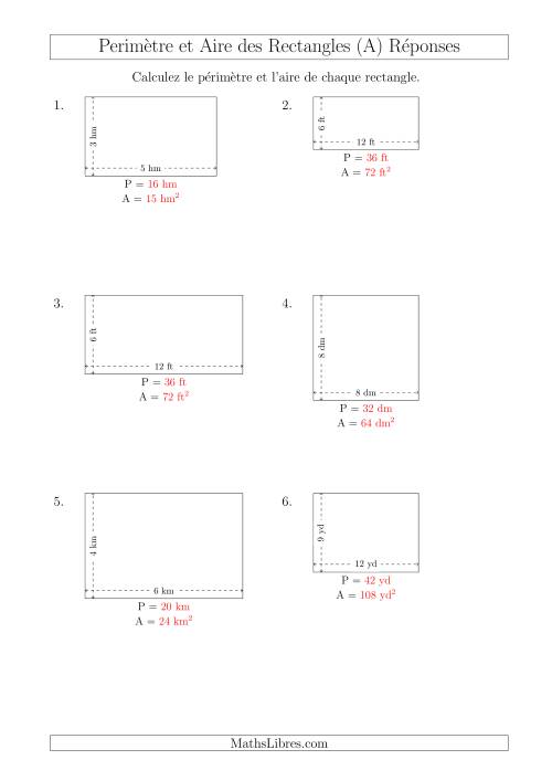 Calcul du Périmètre et de l'Aire des Rectangles (Avec de Petits Nombres Entiers) (A) page 2