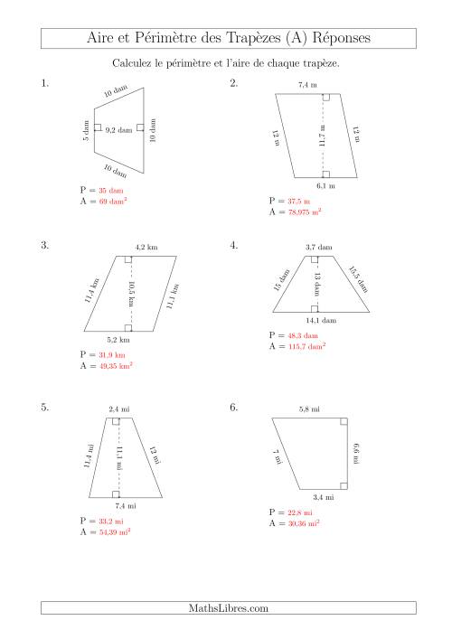 Calcul de l'Aire et du Périmètre des Trapèzes (Plus Petits Nombres) (A) page 2