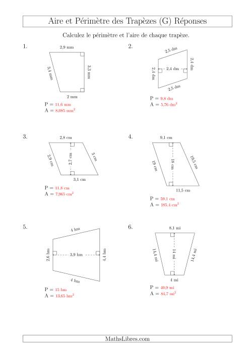 Calcul de l'Aire et du Périmètre des Trapèzes (Plus Petits Nombres) (G) page 2