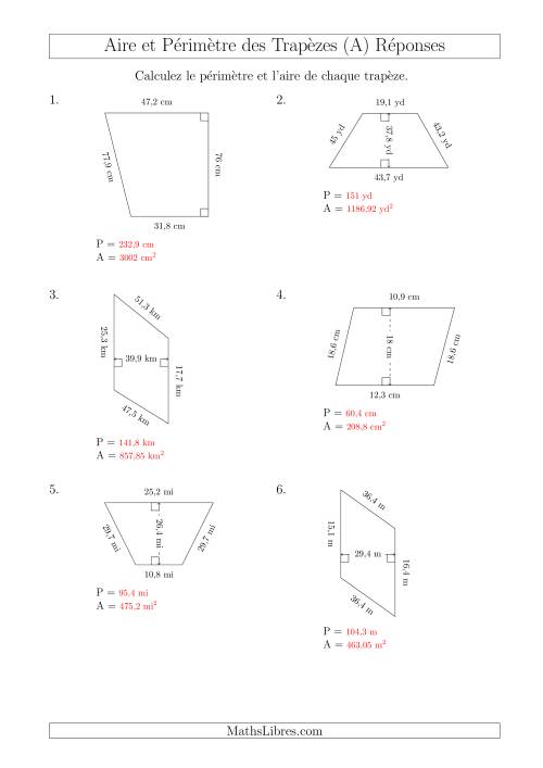 Calcul de l'Aire et du Périmètre des Trapèzes (Nombres Mêmes Plus Grands) (A) page 2