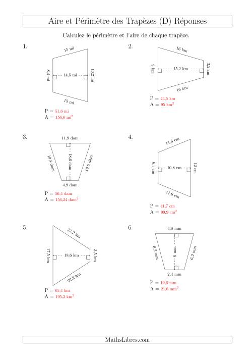 Calcul de l'Aire et du Périmètre des Trapèzes Isocèles (D) page 2