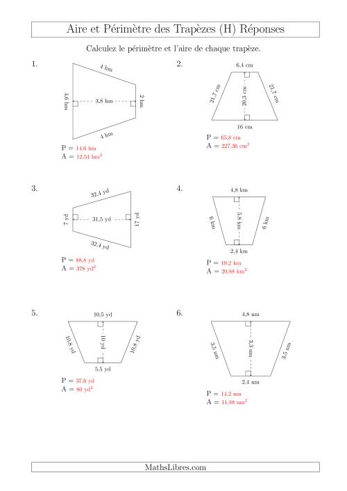 Calcul de l'Aire et du Périmètre des Trapèzes Isocèles (H) page 2