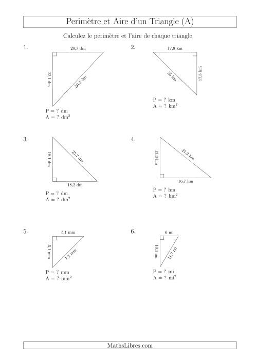 Calcul de l'Aire et du Périmètre d'un Triangle Rectangle (A)