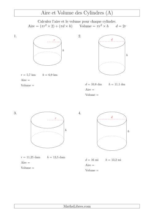 Calcul de l'Aire et du Volume des Cylindres (A)