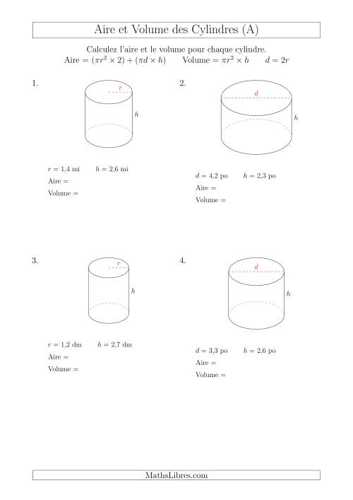 Calcul de l'Aire et du Volume des Cylindres avec de Petits Nombres (A)
