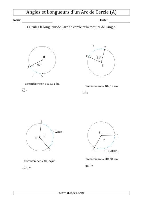 Calcul de l'Angle ou de la Longueur d'un Arc de Cercle en Tenant Compte de la Circonférence (A)