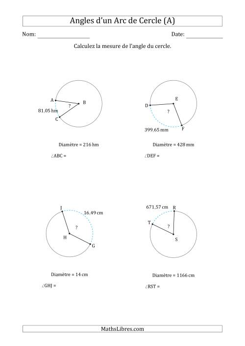 Calcul de l'Angle d’un Arc de Cercle en Tenant Compte de la Diamètre (A)