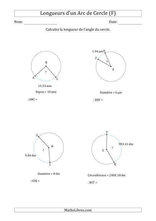 Calcul de l'Angle d'un Arc de Cercle en Tenant Compte de la Circonférence, la Diamètre ou du Rayon (F)