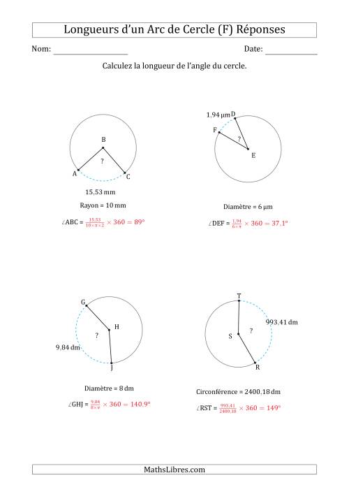 Calcul de l'Angle d'un Arc de Cercle en Tenant Compte de la Circonférence, la Diamètre ou du Rayon (F) page 2