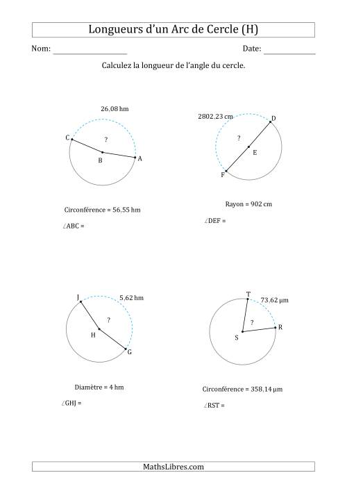 Calcul de l'Angle d'un Arc de Cercle en Tenant Compte de la Circonférence, la Diamètre ou du Rayon (H)
