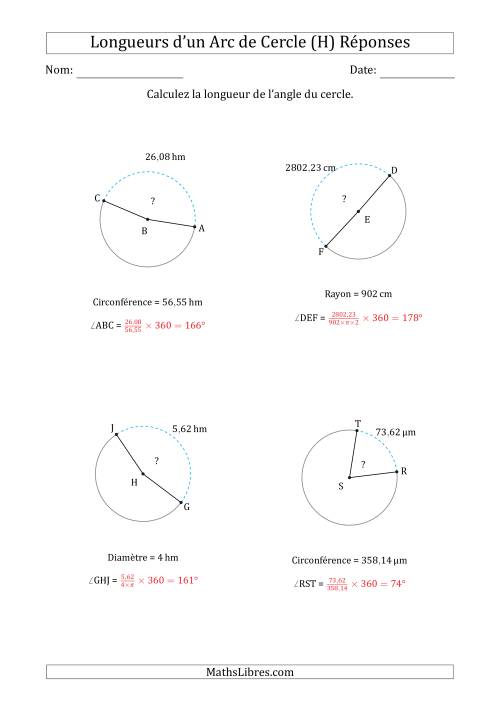 Calcul de l'Angle d'un Arc de Cercle en Tenant Compte de la Circonférence, la Diamètre ou du Rayon (H) page 2