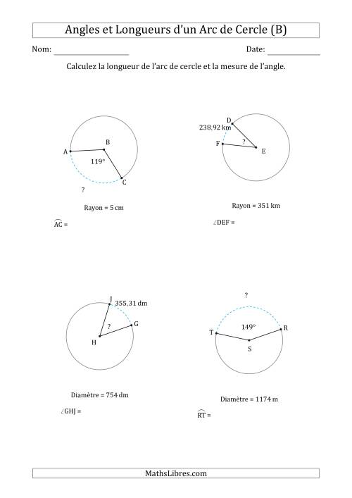 Calcul de l'Angle ou de la Longueur d'un Arc de Cercle en Tenant Compte du Rayon ou de la Diamètre (B)
