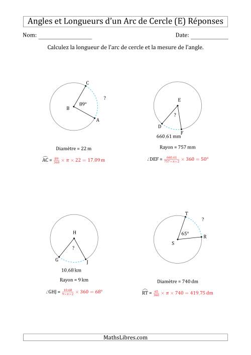 Calcul de l'Angle ou de la Longueur d'un Arc de Cercle en Tenant Compte du Rayon ou de la Diamètre (E) page 2