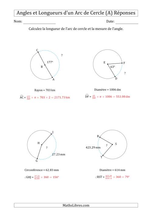 Calcul l’Angle ou de la Longueur d’un Arc de Cercle en Tenant Compte de la Circonférence, du Rayon ou de la Diamètre (A) page 2