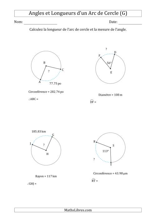 Calcul l’Angle ou de la Longueur d’un Arc de Cercle en Tenant Compte de la Circonférence, du Rayon ou de la Diamètre (G)