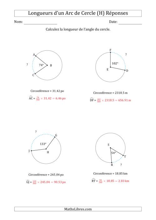Calcul de la Longueur d'un Arc de Cercle en Tenant Compte de la Circonférence (H) page 2