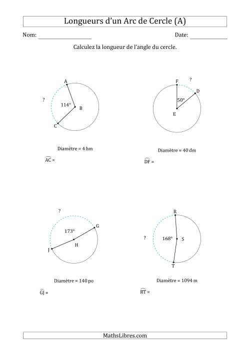 Calcul de la Longueur d'un Arc de Cercle en Tenant Compte de la Diamètre (A)