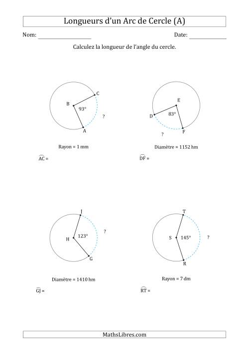 Calcul de la Longueur d'un Arc de Cercle en Tenant Compte de la Diamètre ou du Rayon (A)