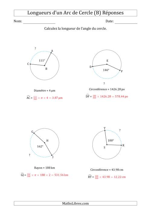 Calcul de la Longueur d'un Arc de Cercle en Tenant Compte de la Circonférence, la Diamètre ou du Rayon (B) page 2