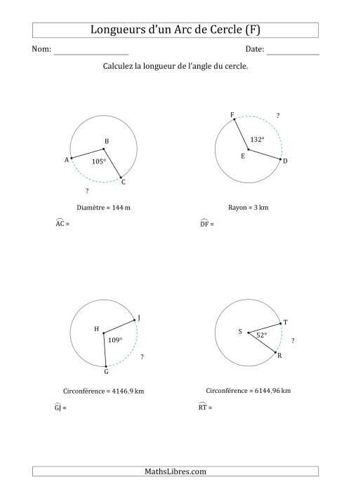 Calcul de la Longueur d'un Arc de Cercle en Tenant Compte de la Circonférence, la Diamètre ou du Rayon (F)