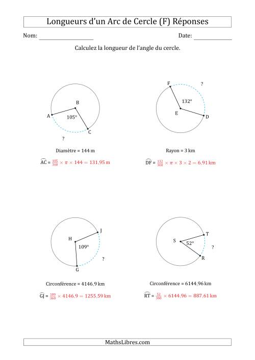 Calcul de la Longueur d'un Arc de Cercle en Tenant Compte de la Circonférence, la Diamètre ou du Rayon (F) page 2