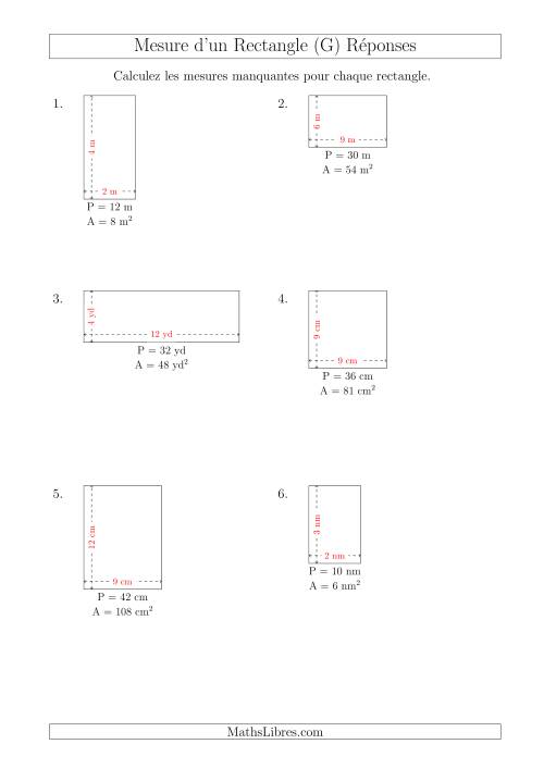 Calcul de la Longueur et la Largeur des Rectangles (Avec de Petits Nombres Entiers) (G) page 2