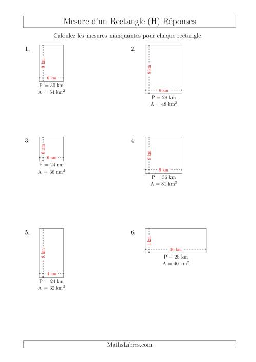 Calcul de la Longueur et la Largeur des Rectangles (Avec de Petits Nombres Entiers) (H) page 2