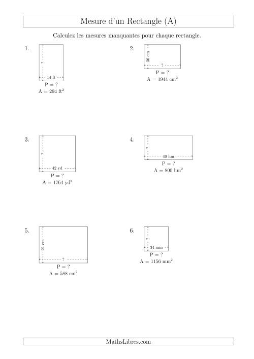 Calcul du Perimètre, Longueur ou Largeur des Rectangles (Avec de Larges Nombres Entiers) (A)