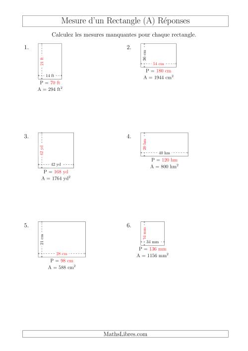 Calcul du Perimètre, Longueur ou Largeur des Rectangles (Avec de Larges Nombres Entiers) (A) page 2