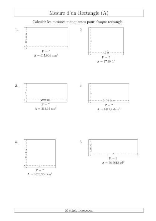 Calcul du Perimètre, Longueur ou Largeur des Rectangles (Avec des Nombres Décimaux) (A)